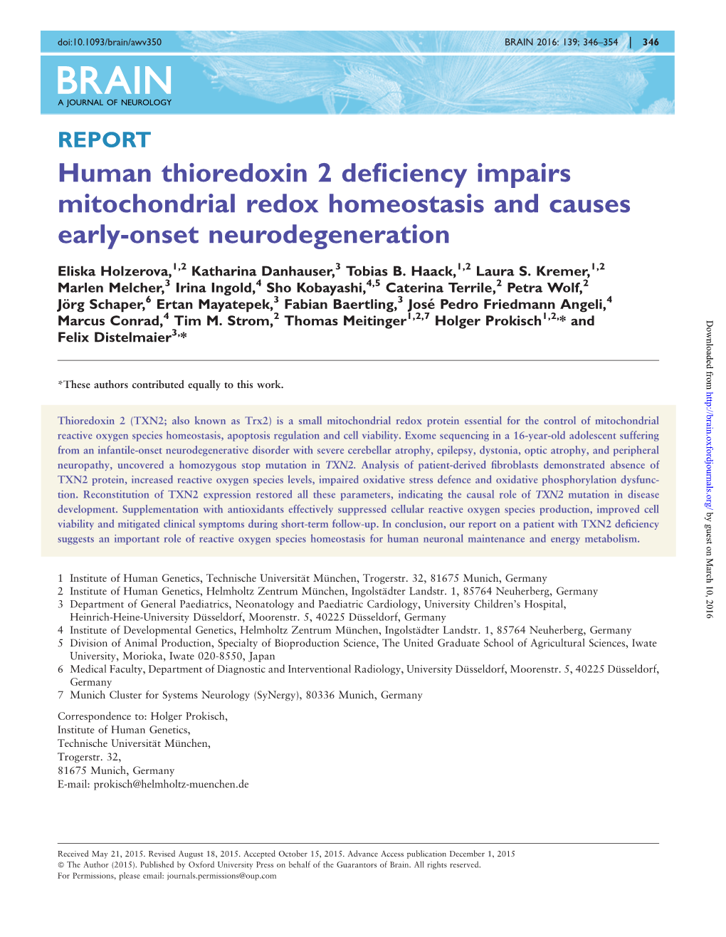 Human Thioredoxin 2 Deficiency Impairs Mitochondrial Redox