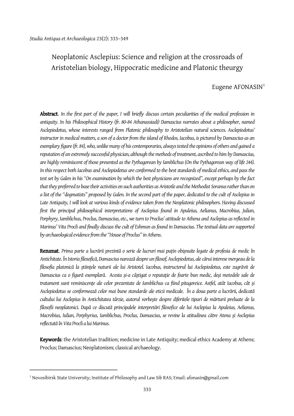 Neoplatonic Asclepius: Science and Religion at the Crossroads of Aristotelian Biology, Hippocratic Medicine and Platonic Theurgy