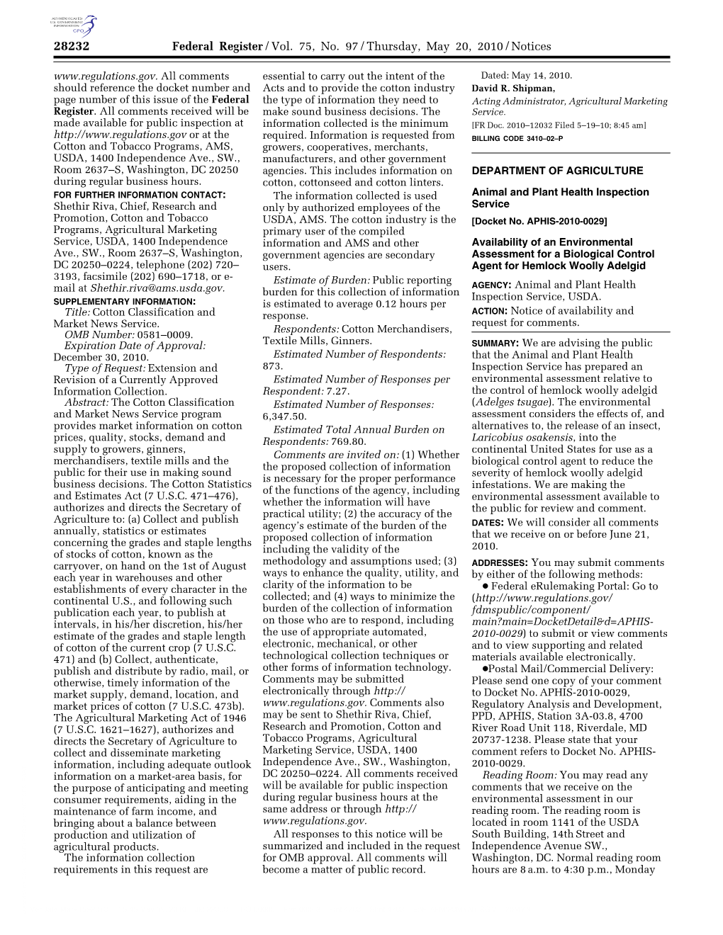 Federal Register/Vol. 75, No. 97/Thursday, May 20, 2010/Notices