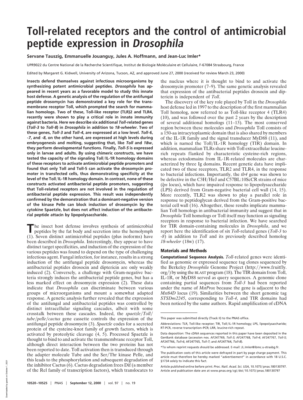 Toll-Related Receptors and the Control of Antimicrobial Peptide Expression in Drosophila