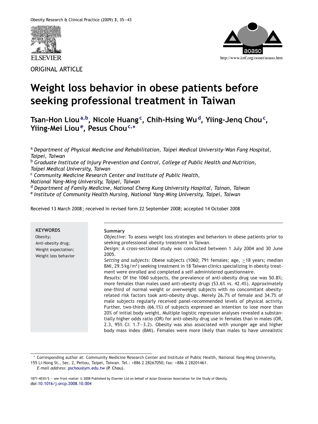 Weight Loss Behavior in Obese Patients Before Seeking Professional Treatment in Taiwan