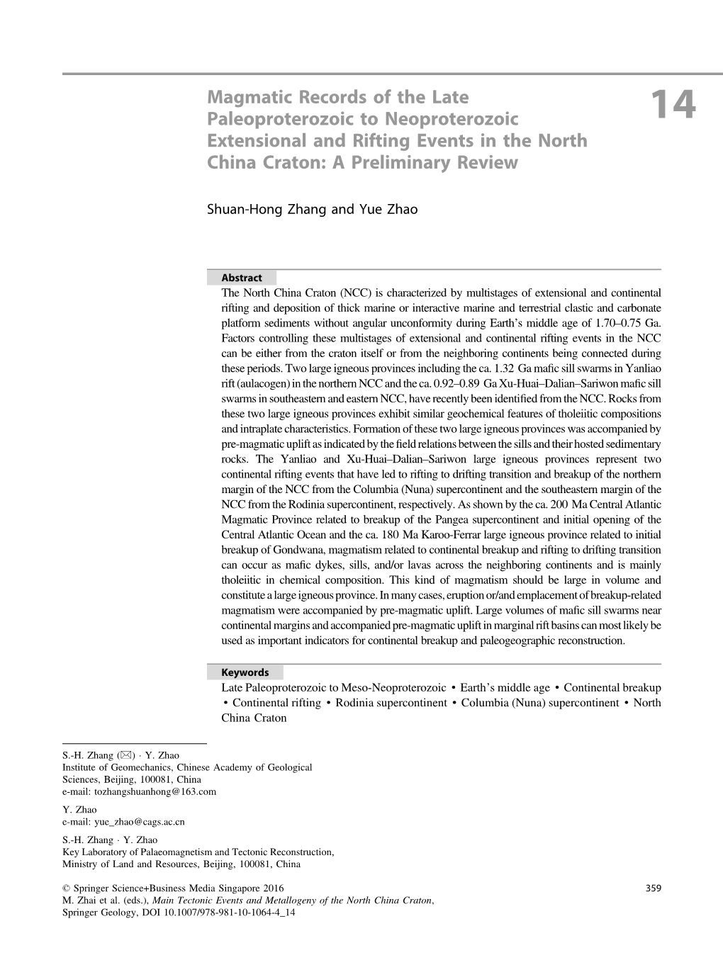 Magmatic Records of the Late Paleoproterozoic to Neoproterozoic 14 Extensional and Rifting Events in the North China Craton: a Preliminary Review