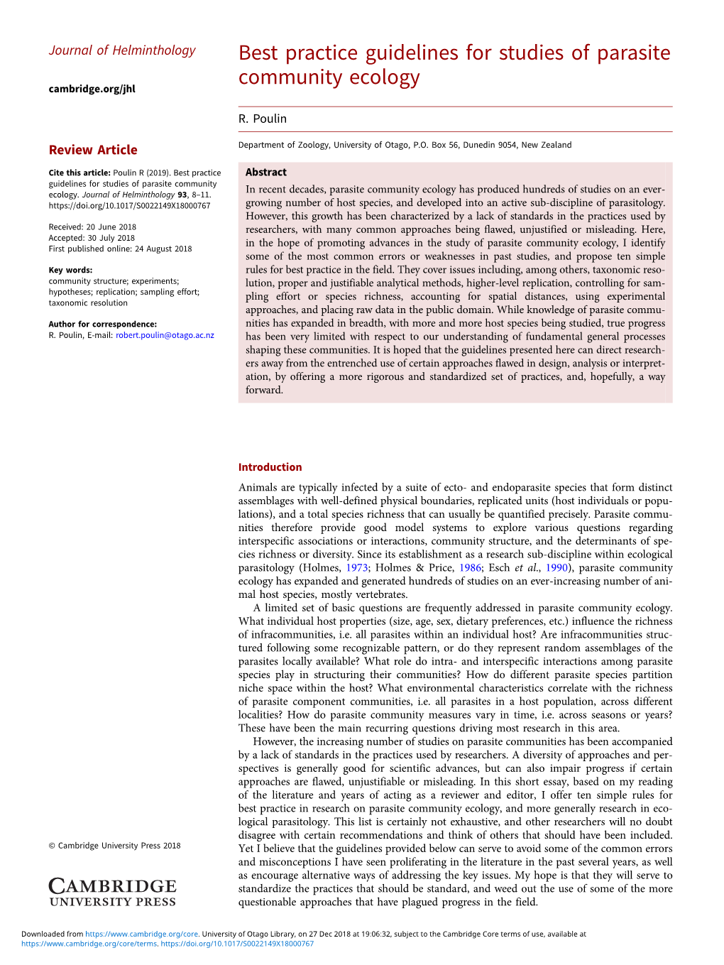 Best Practice Guidelines for Studies of Parasite Community Ecology Cambridge.Org/Jhl