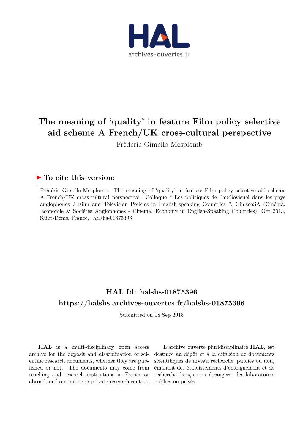 The Meaning of 'Quality' in Feature Film Policy Selective Aid Scheme A