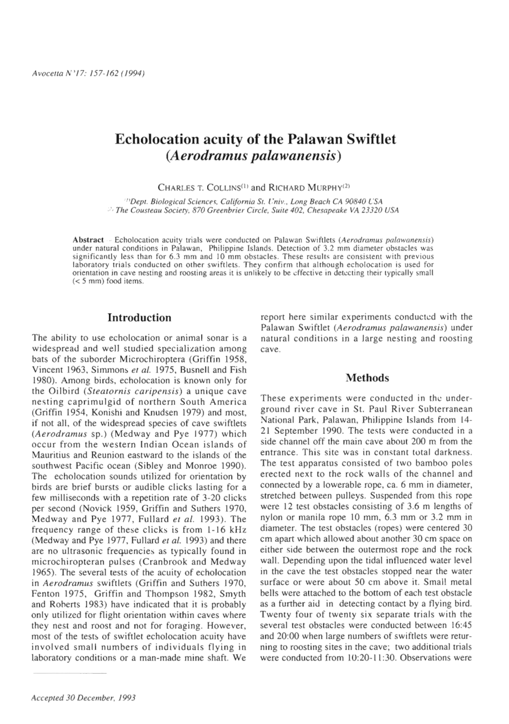 Echolocation Acuity of the Palawan Swiftlet (Aerodramus Palawanensis)