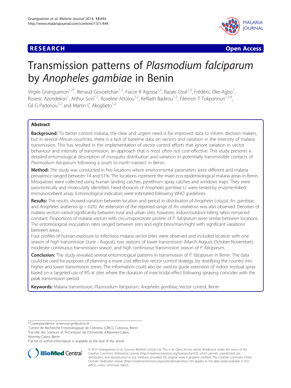 Transmission Patterns of Plasmodium Falciparum by Anopheles Gambiae