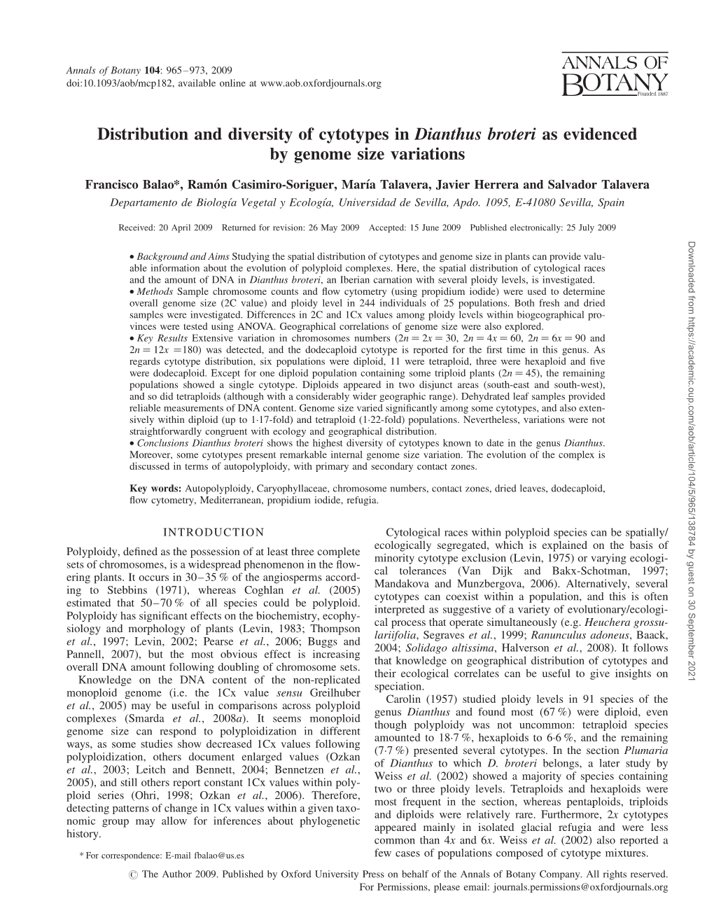 Distribution and Diversity of Cytotypes in Dianthus Broteri As Evidenced by Genome Size Variations