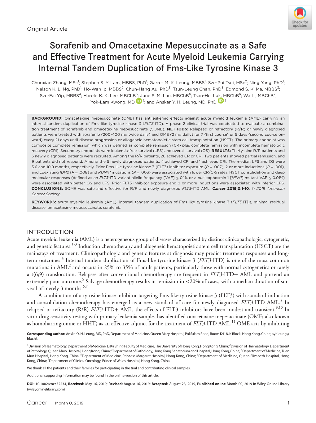 Sorafenib and Omacetaxine Mepesuccinate As a Safe and Effective Treatment for Acute Myeloid Leukemia Carrying Internal Tandem Du