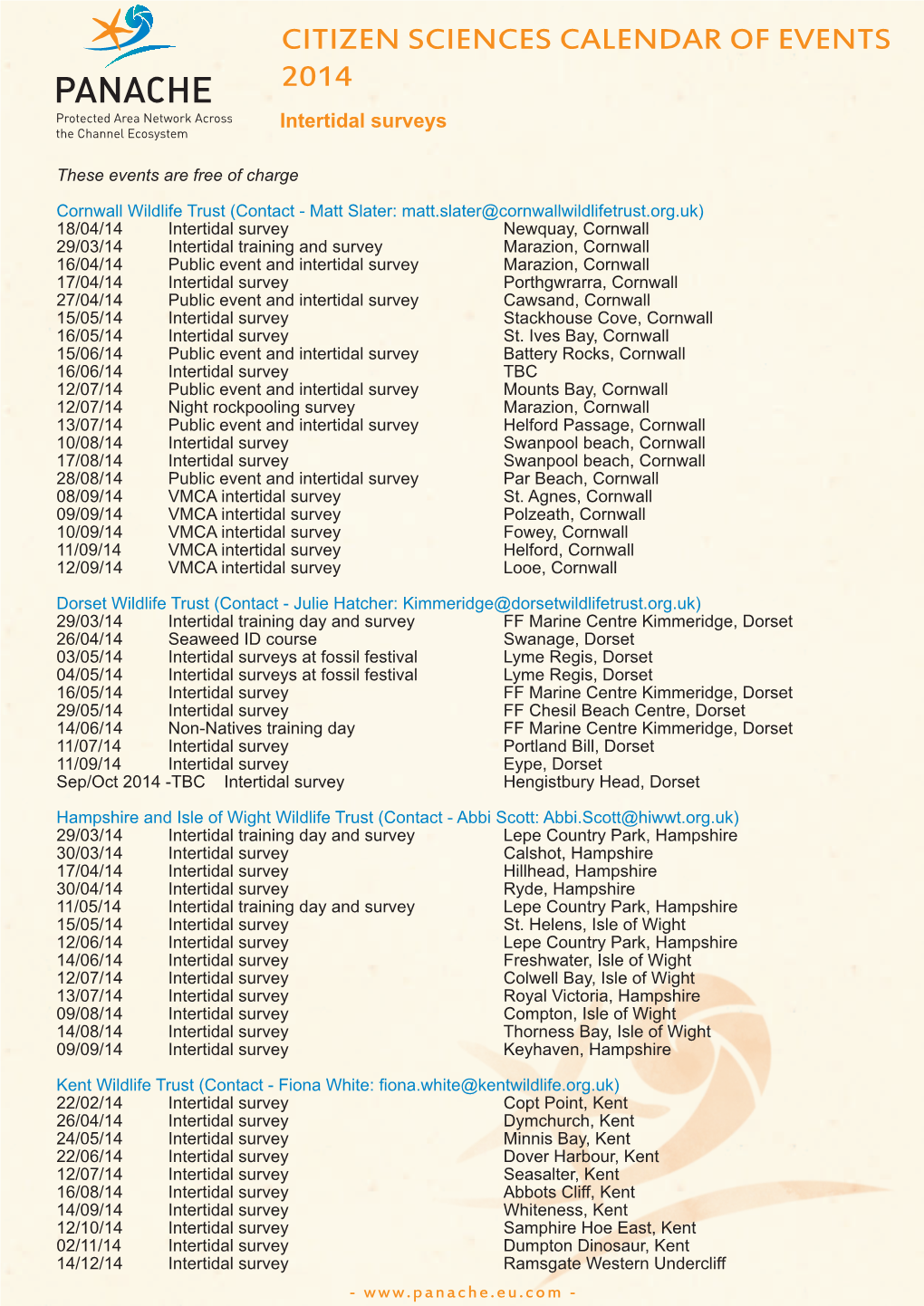 CITIZEN SCIENCES CALENDAR of EVENTS 2014 Intertidal Surveys