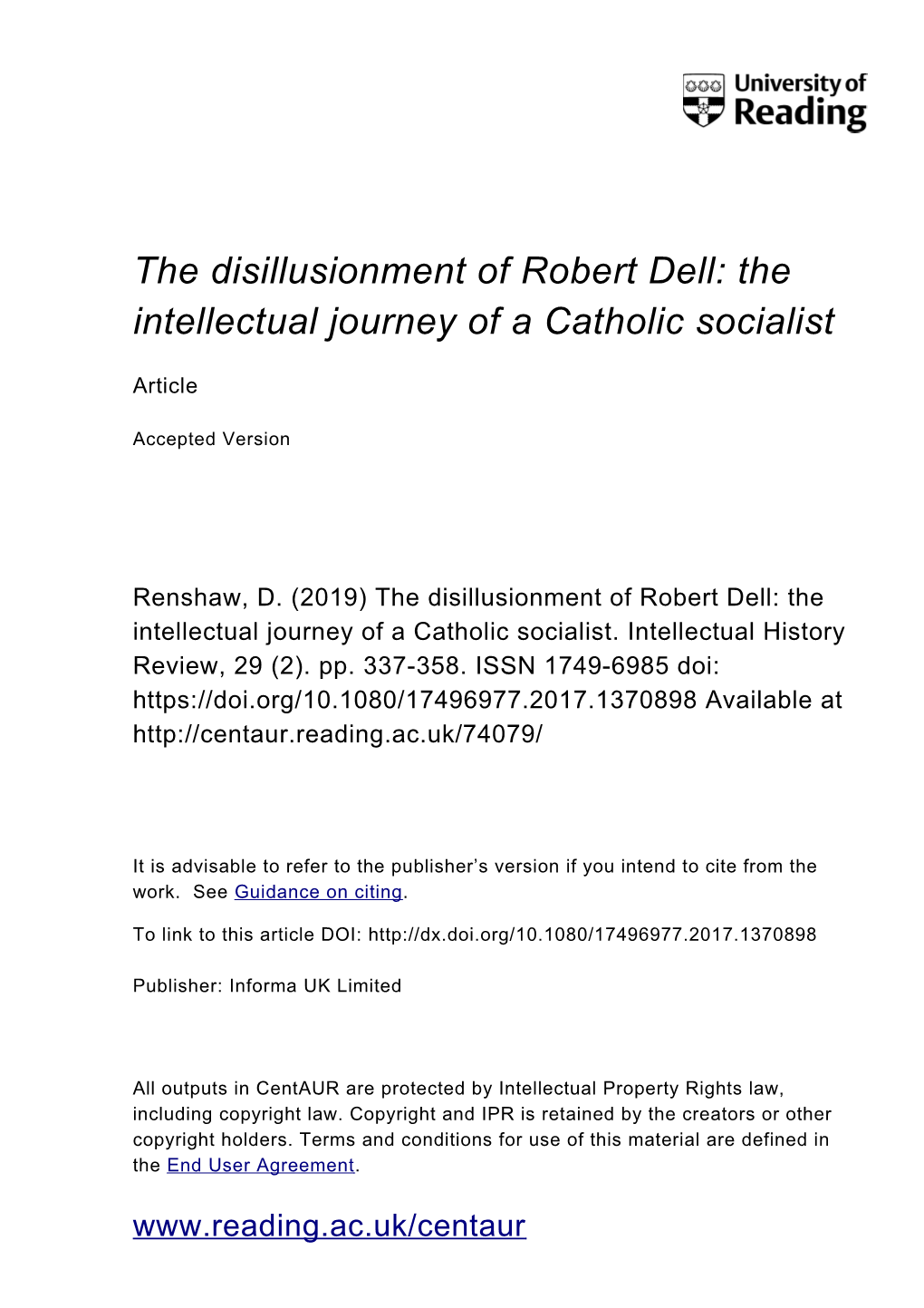 The Disillusionment of Robert Dell: the Intellectual Journey of a Catholic Socialist