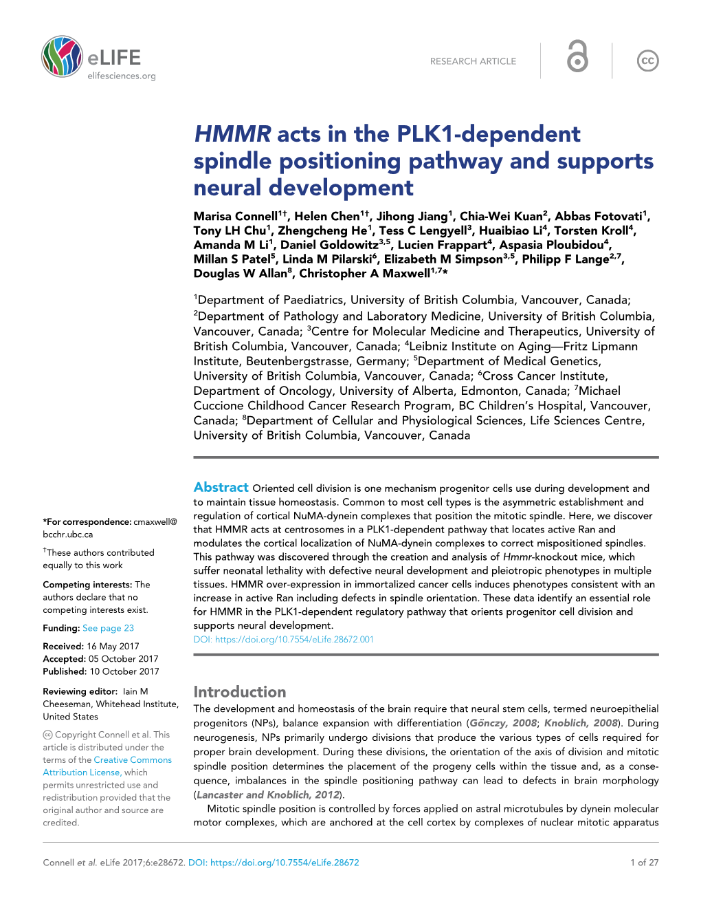 HMMR Acts in the PLK1-Dependent Spindle Positioning Pathway And