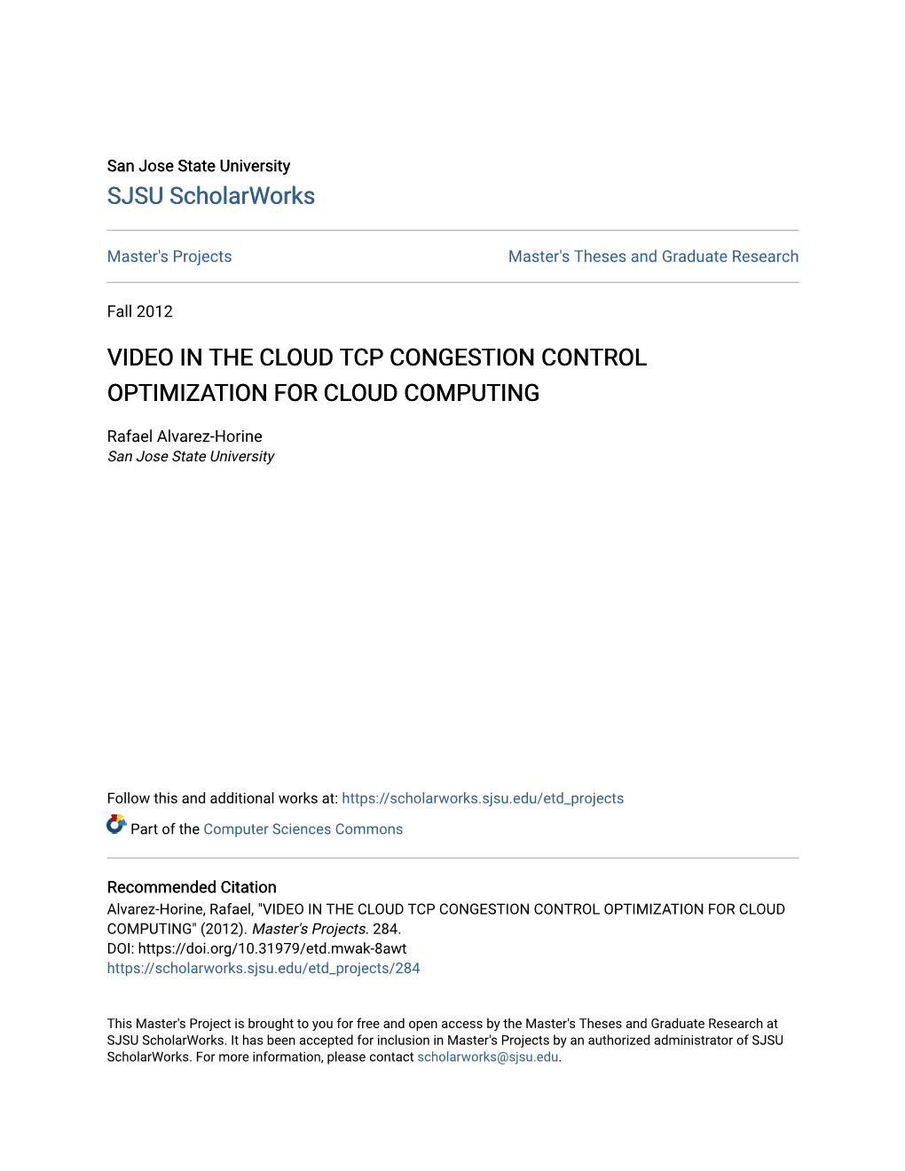 Video in the Cloud Tcp Congestion Control Optimization for Cloud Computing