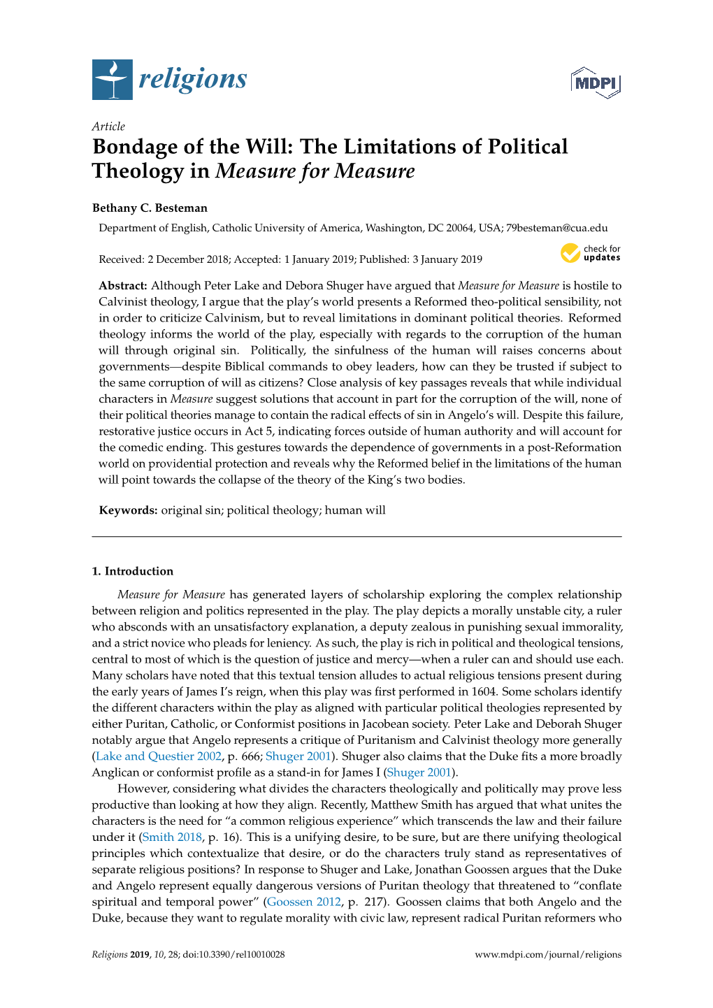 The Limitations of Political Theology in Measure for Measure