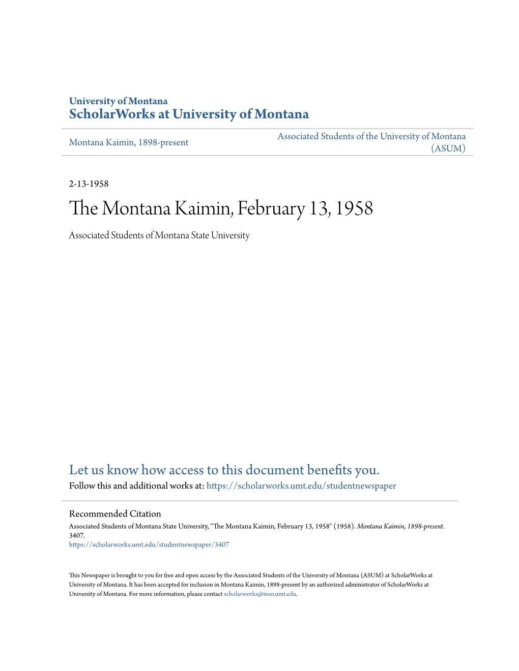The Montana Kaimin, February 13, 1958