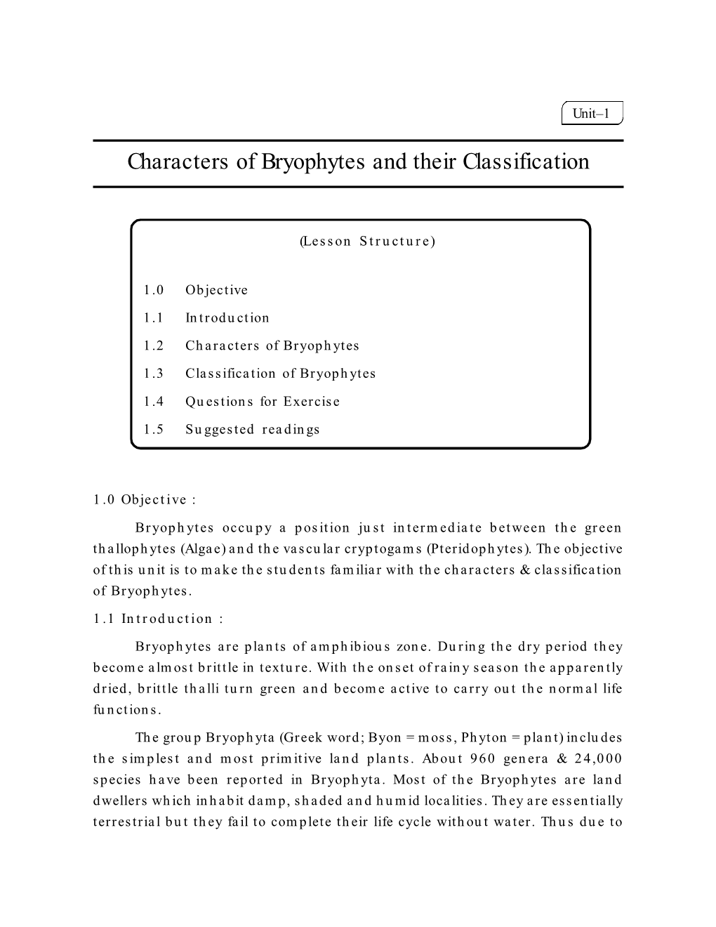 Characters of Bryophytes and Their Classification