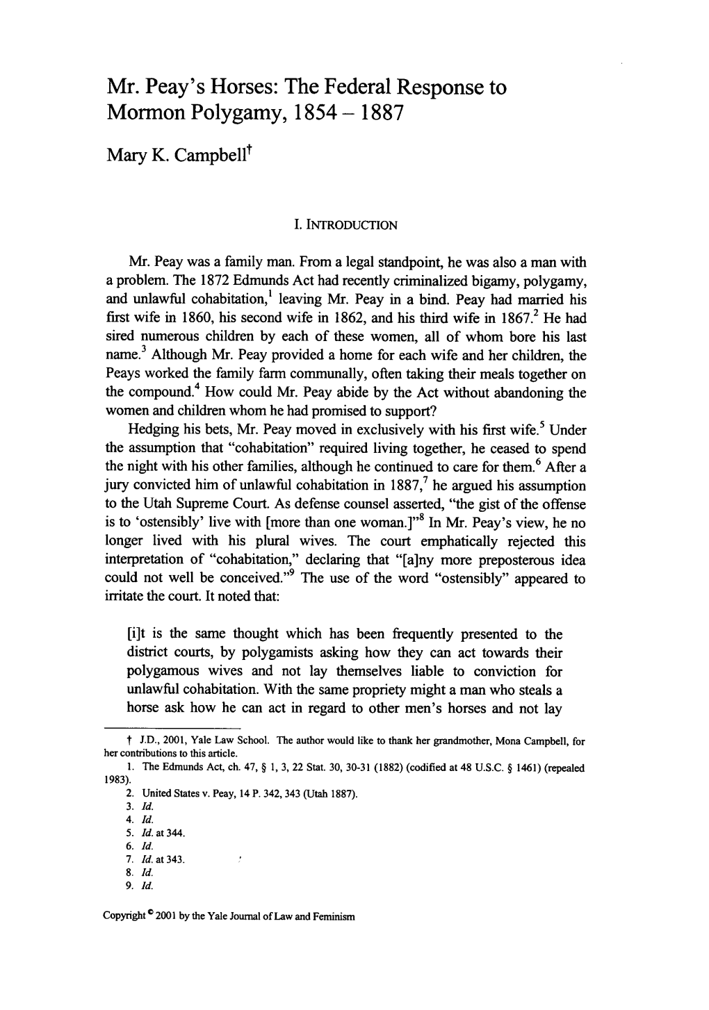 The Federal Response to Mormon Polygamy, 1854 - 1887