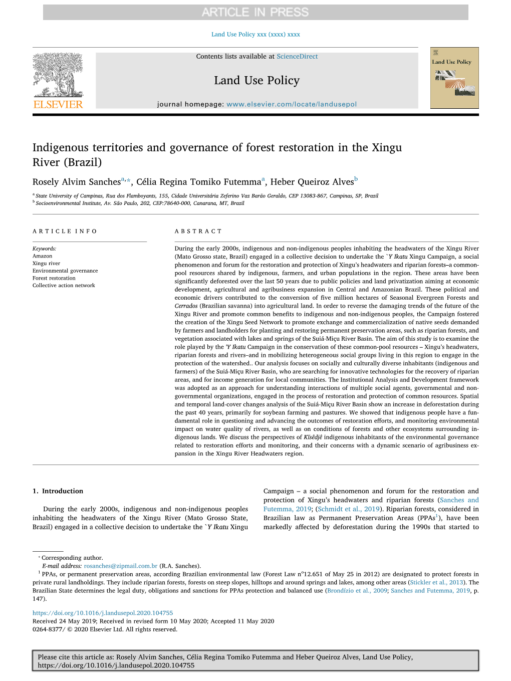 Indigenous Territories and Governance of Forest Restoration in the Xingu River (Brazil)
