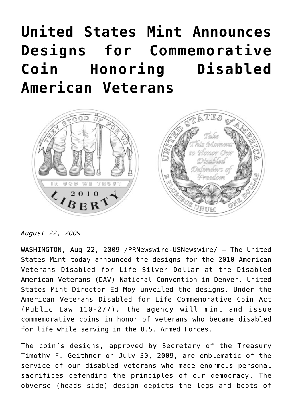 United States Mint Announces Designs for Commemorative Coin Honoring Disabled American Veterans