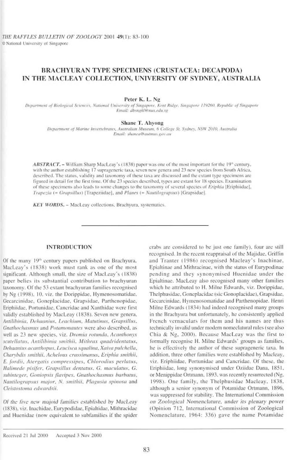 Rrachyt.RAN TYPE SPECIMENS (CRUSTACEA: DECAPODA) in the MACLEAY COLLECTION, UNIVERSITY of SYDNEY, AUSTRALIA Peter K. L. Ng