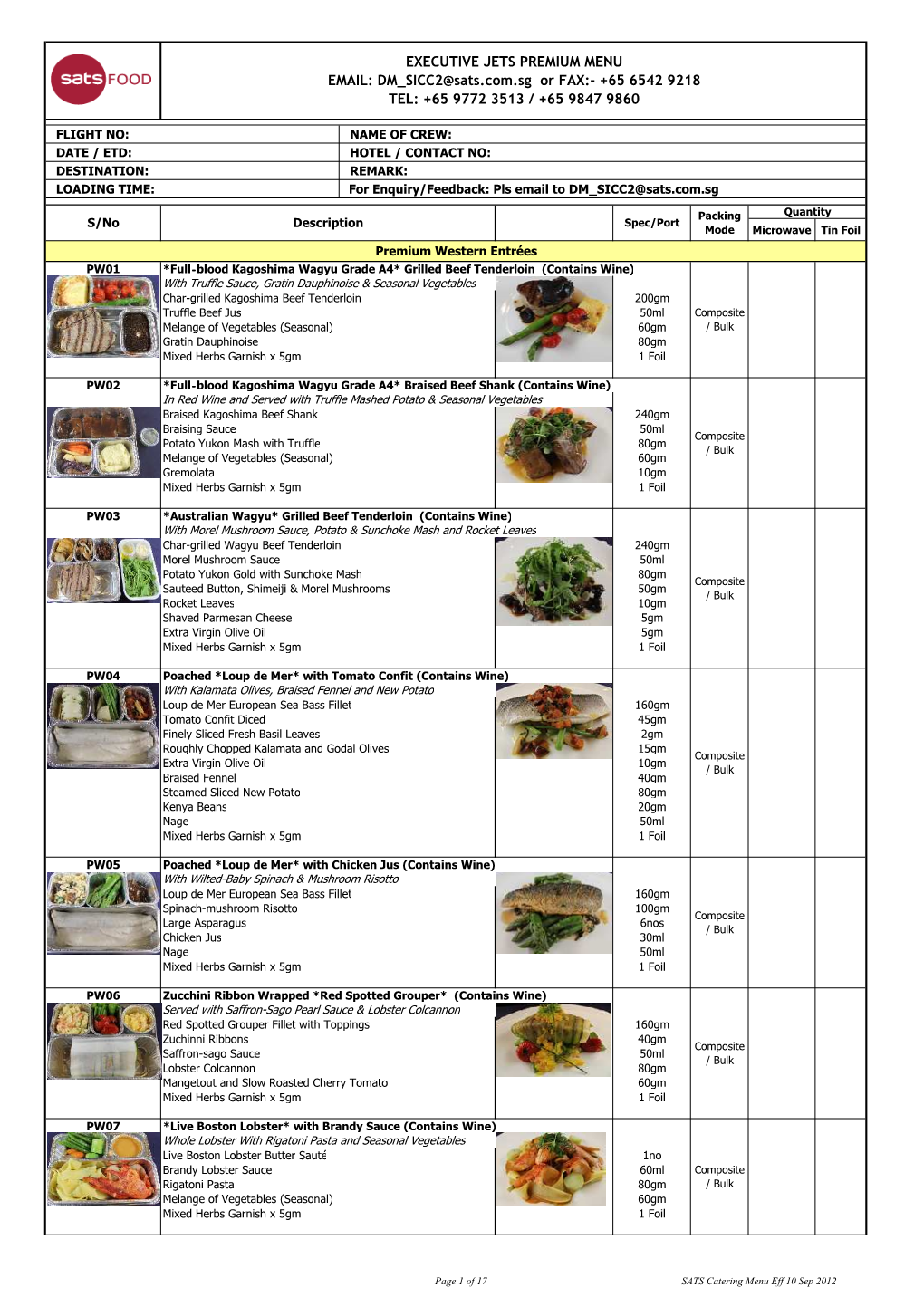 Executive Jets Premium Catering Menu Dd 10 Sep 2012 with Pictures