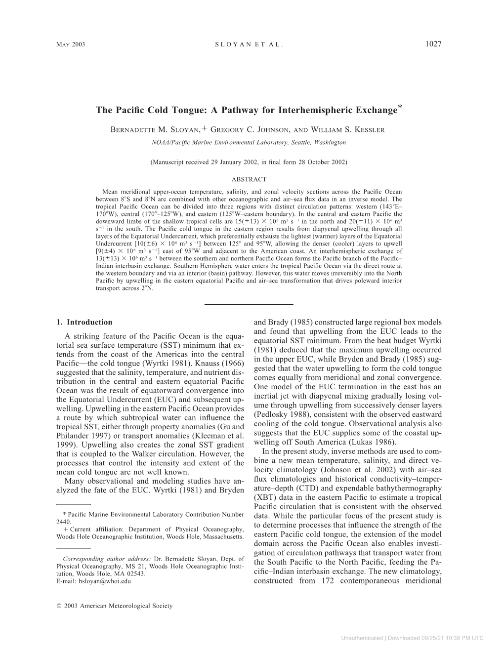 Downloaded 09/25/21 10:39 PM UTC 1028 JOURNAL of PHYSICAL OCEANOGRAPHY VOLUME 33