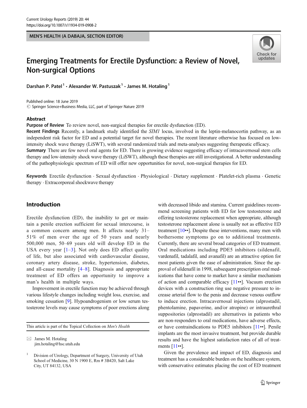 Emerging Treatments for Erectile Dysfunction: a Review of Novel, Non-Surgical Options