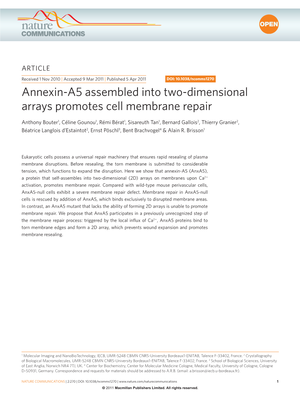 Annexin-A5 Assembled Into Two-Dimensional Arrays Promotes Cell Membrane Repair