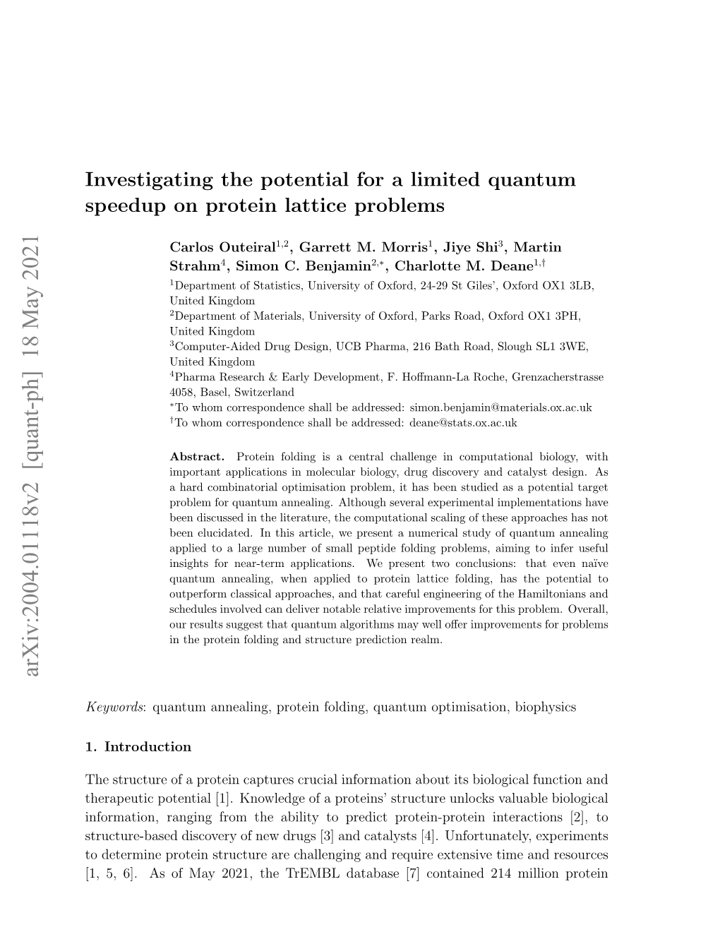 Arxiv:2004.01118V2 [Quant-Ph] 18 May 2021