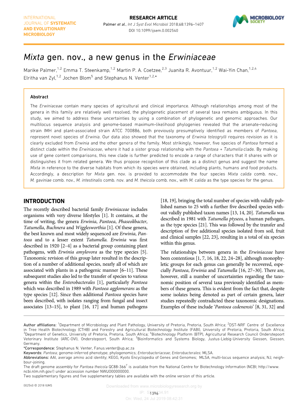 Mixta Gen. Nov., a New Genus in the Erwiniaceae