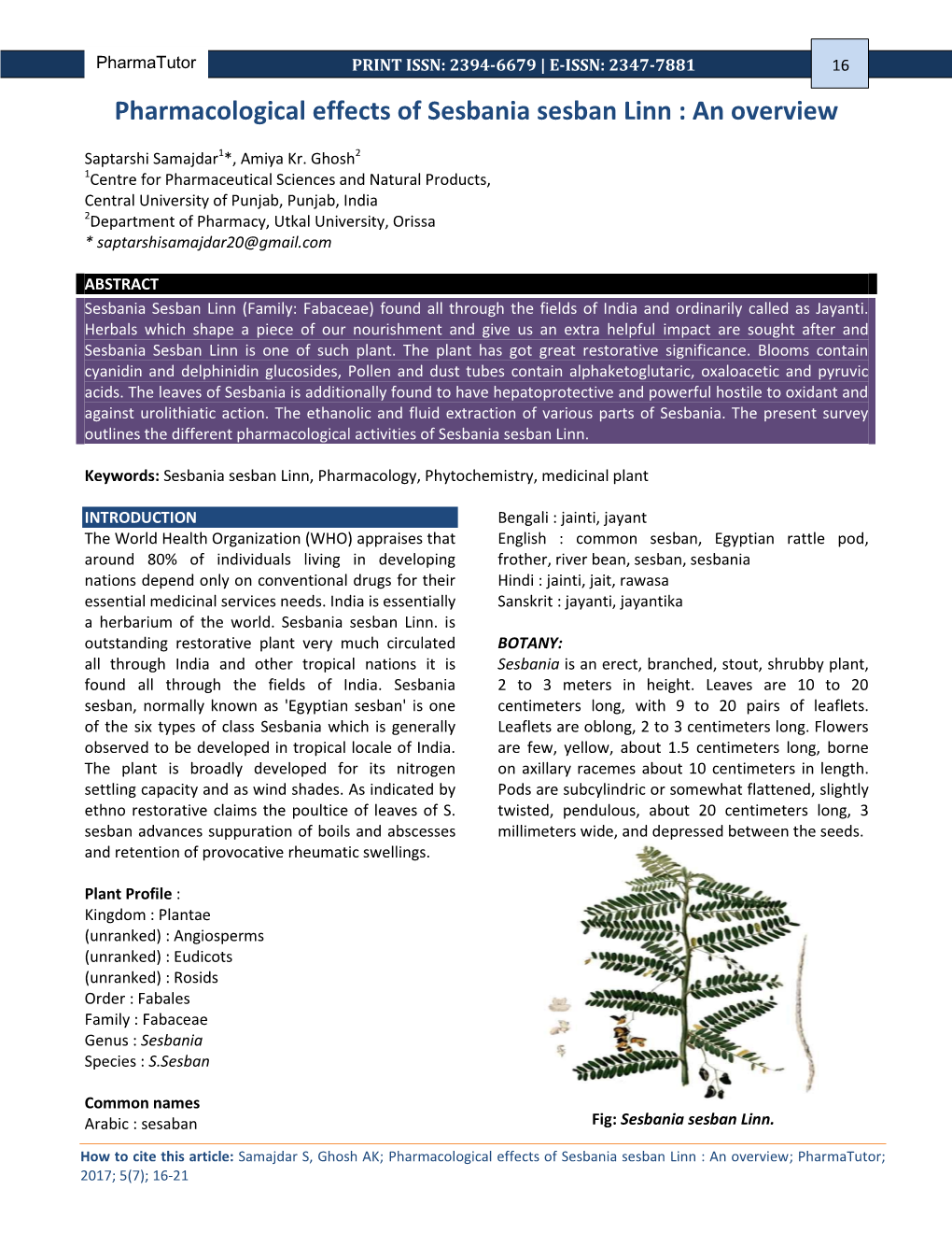 Pharmacological Effects of Sesbania Sesban Linn : an Overview