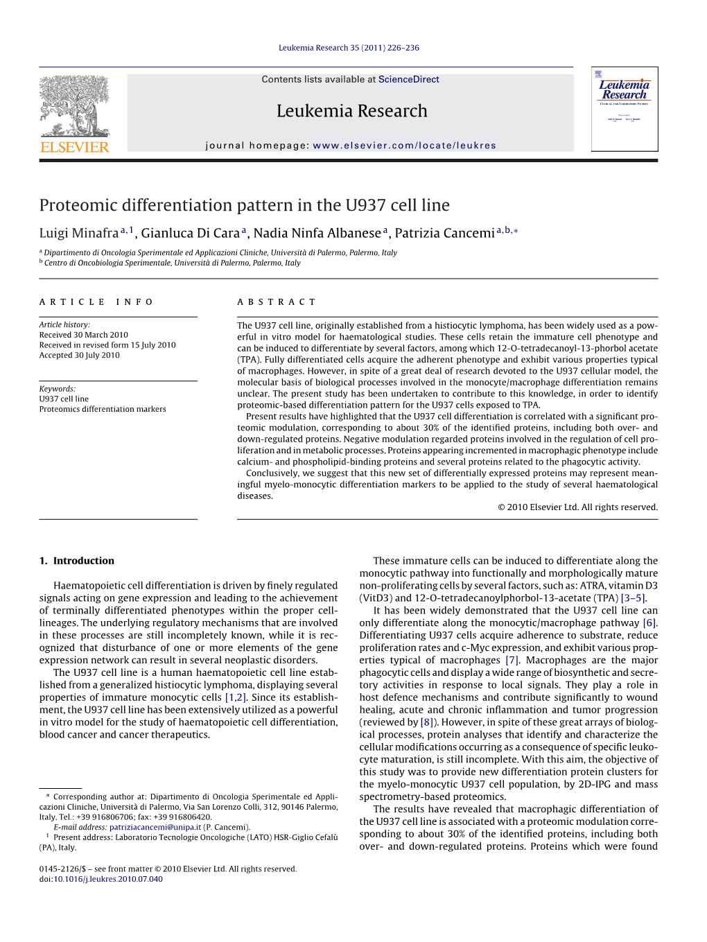 Proteomic Differentiation Pattern in the U937 Cell Line