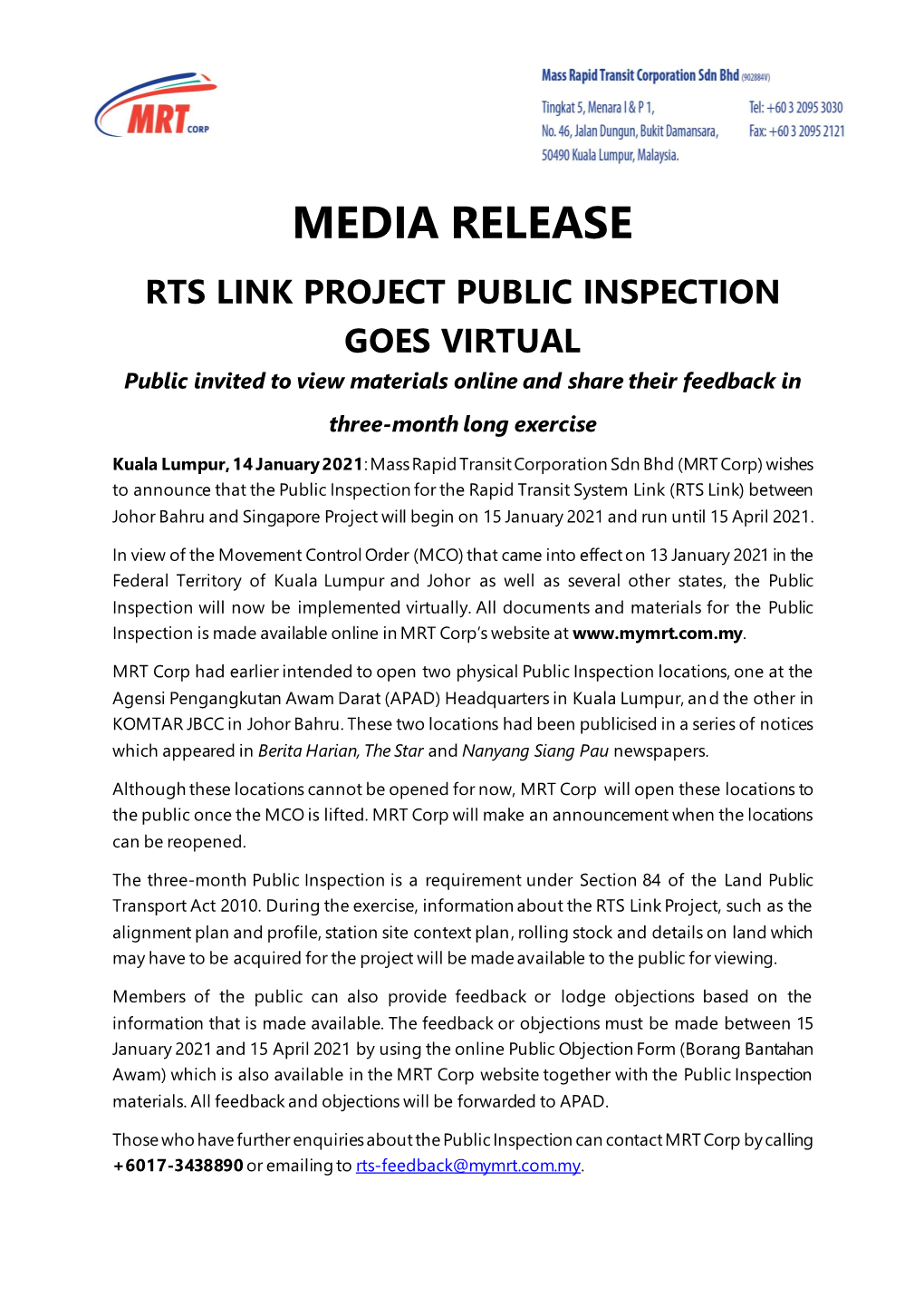 MEDIA RELEASE RTS LINK PROJECT PUBLIC INSPECTION GOES VIRTUAL Public Invited to View Materials Online and Share Their Feedback in Three-Month Long Exercise