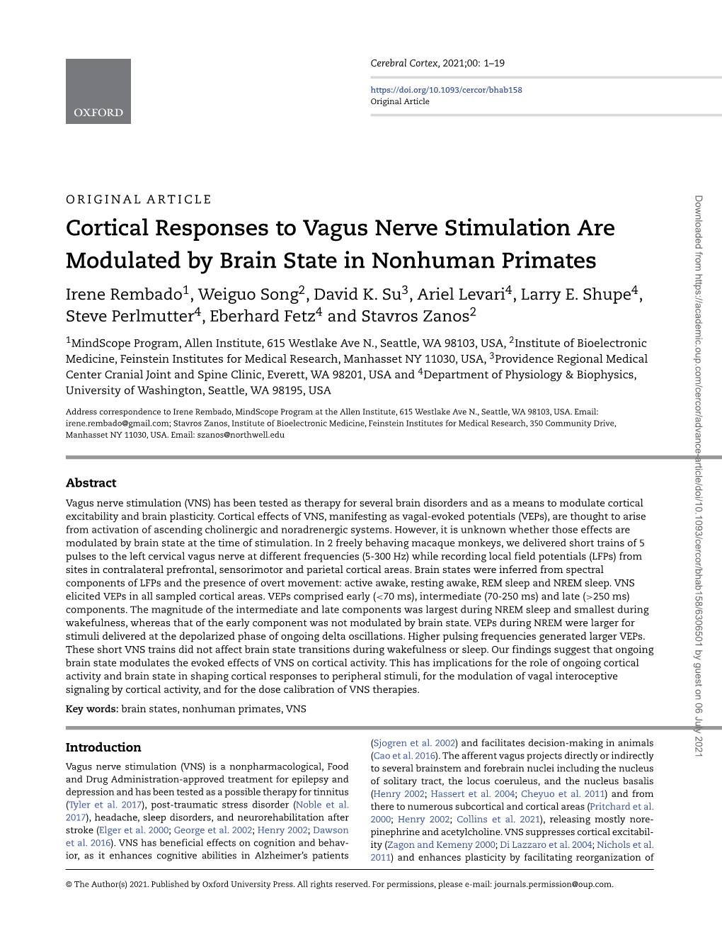 Cortical Responses to Vagus Nerve Stimulation Are Modulated by Brain State in Nonhuman Primates Irene Rembado1, Weiguo Song2, David K