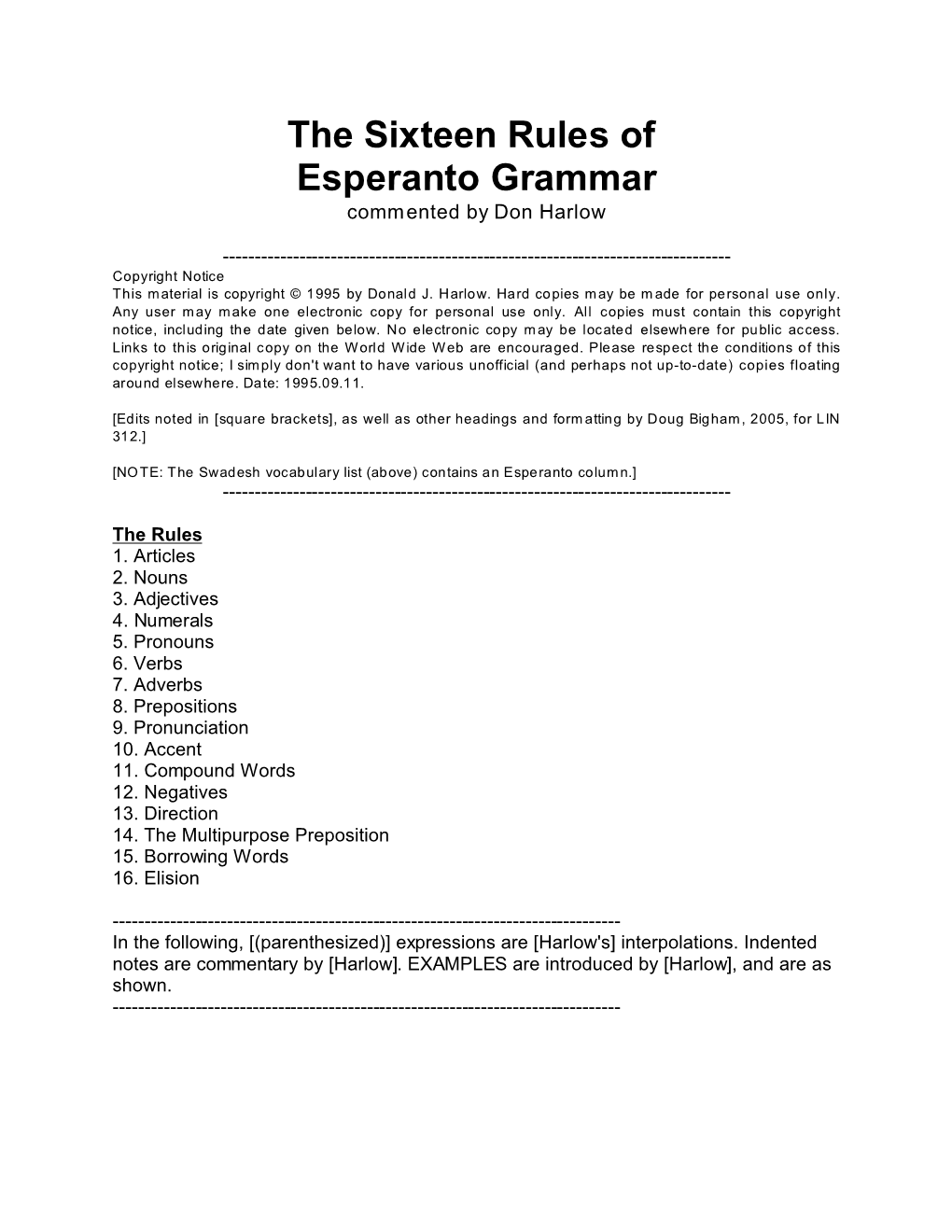 The Sixteen Rules of Esperanto Grammar Commented by Don Harlow