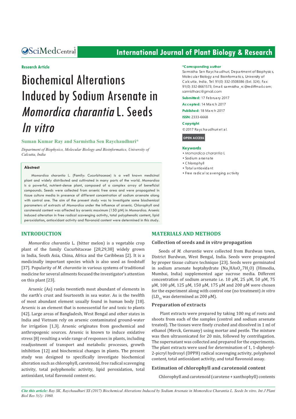 Biochemical Alterations Induced by Sodium Arsenate in Momordica Charantia L