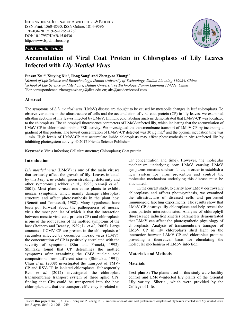 Accumulation of Viral Coat Protein in Chloroplasts of Lily Leaves Infected with Lily Mottled Virus