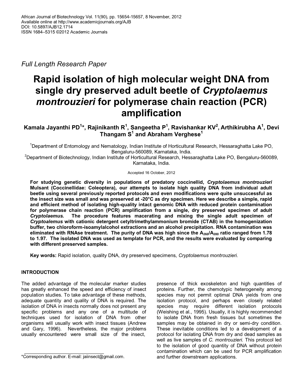 Rapid Isolation of High Molecular Weight DNA from Single Dried