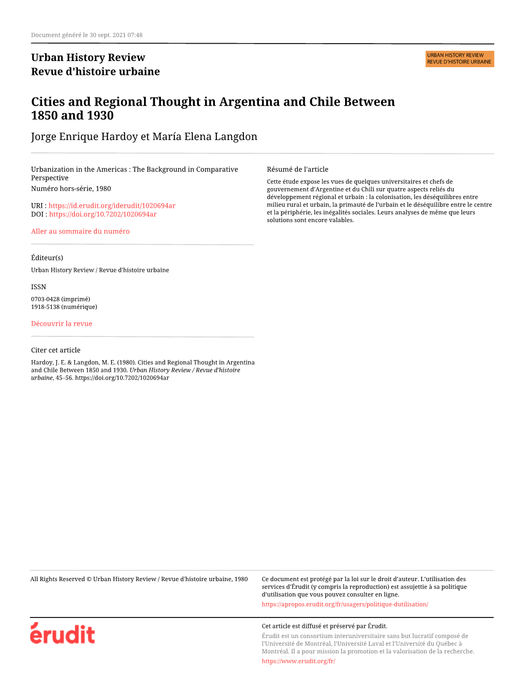 Cities and Regional Thought in Argentina and Chile Between 1850 and 1930 Jorge Enrique Hardoy Et María Elena Langdon