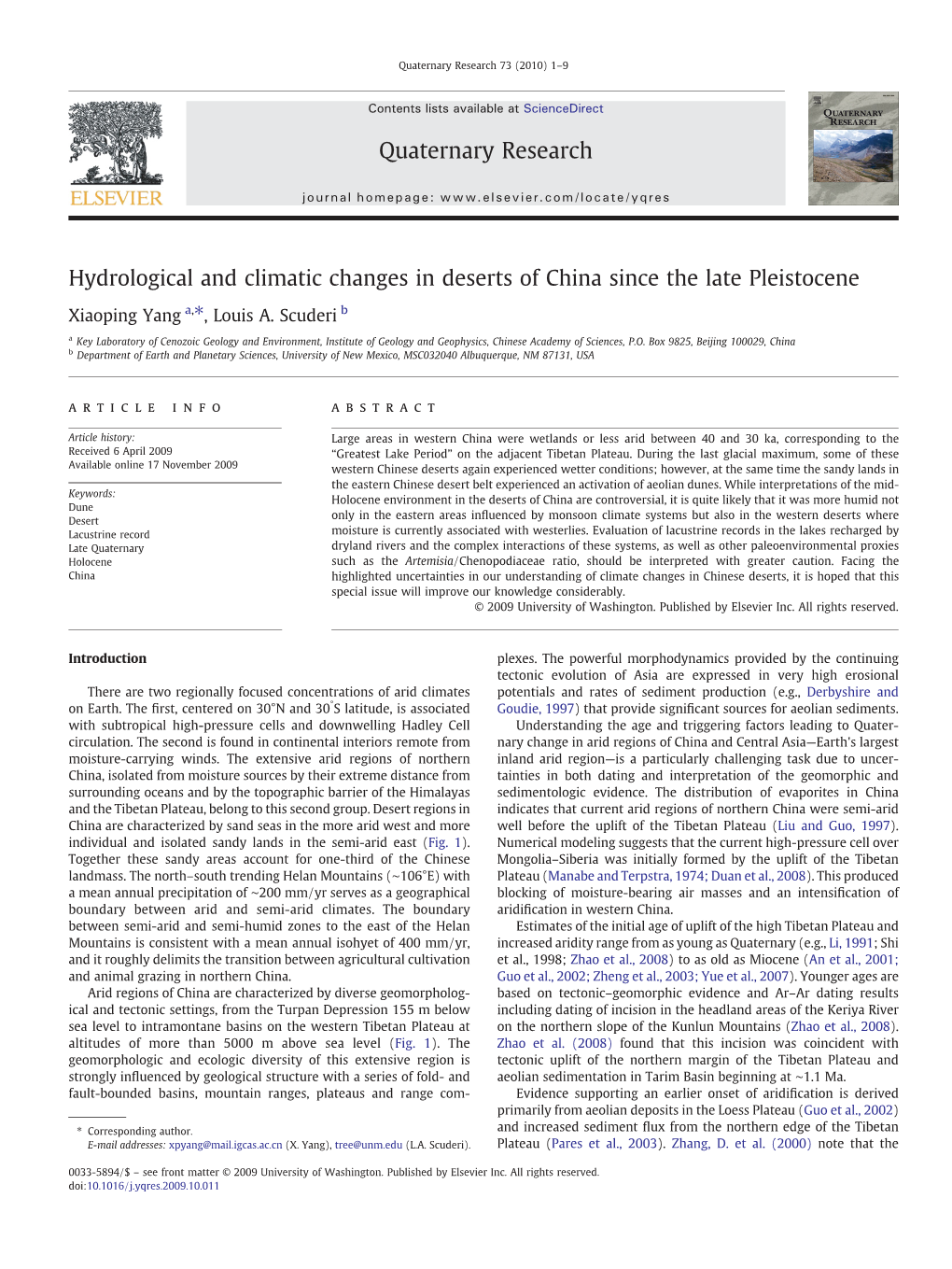 Hydrological and Climatic Changes in Deserts of China Since the Late Pleistocene