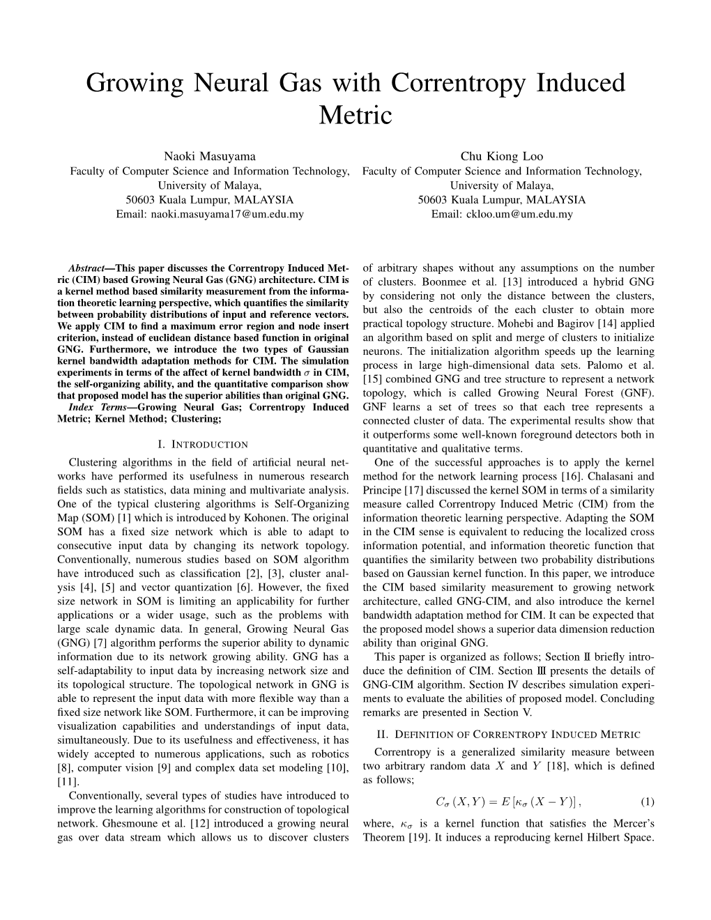 Growing Neural Gas with Correntropy Induced Metric