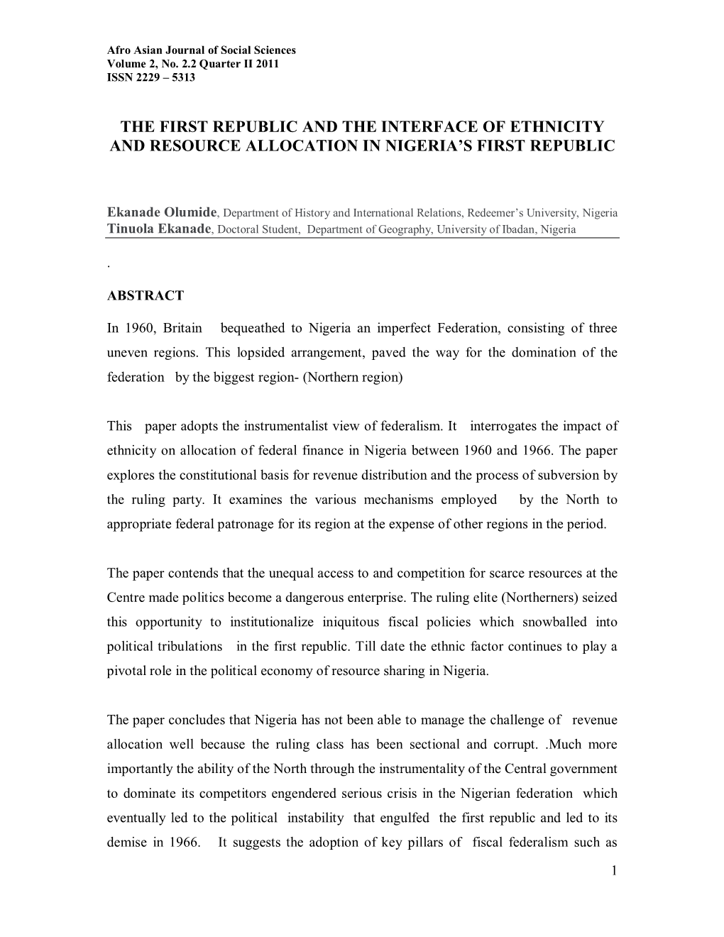 The First Republic and the Interface of Ethnicity and Resource Allocation in Nigeria’S First Republic