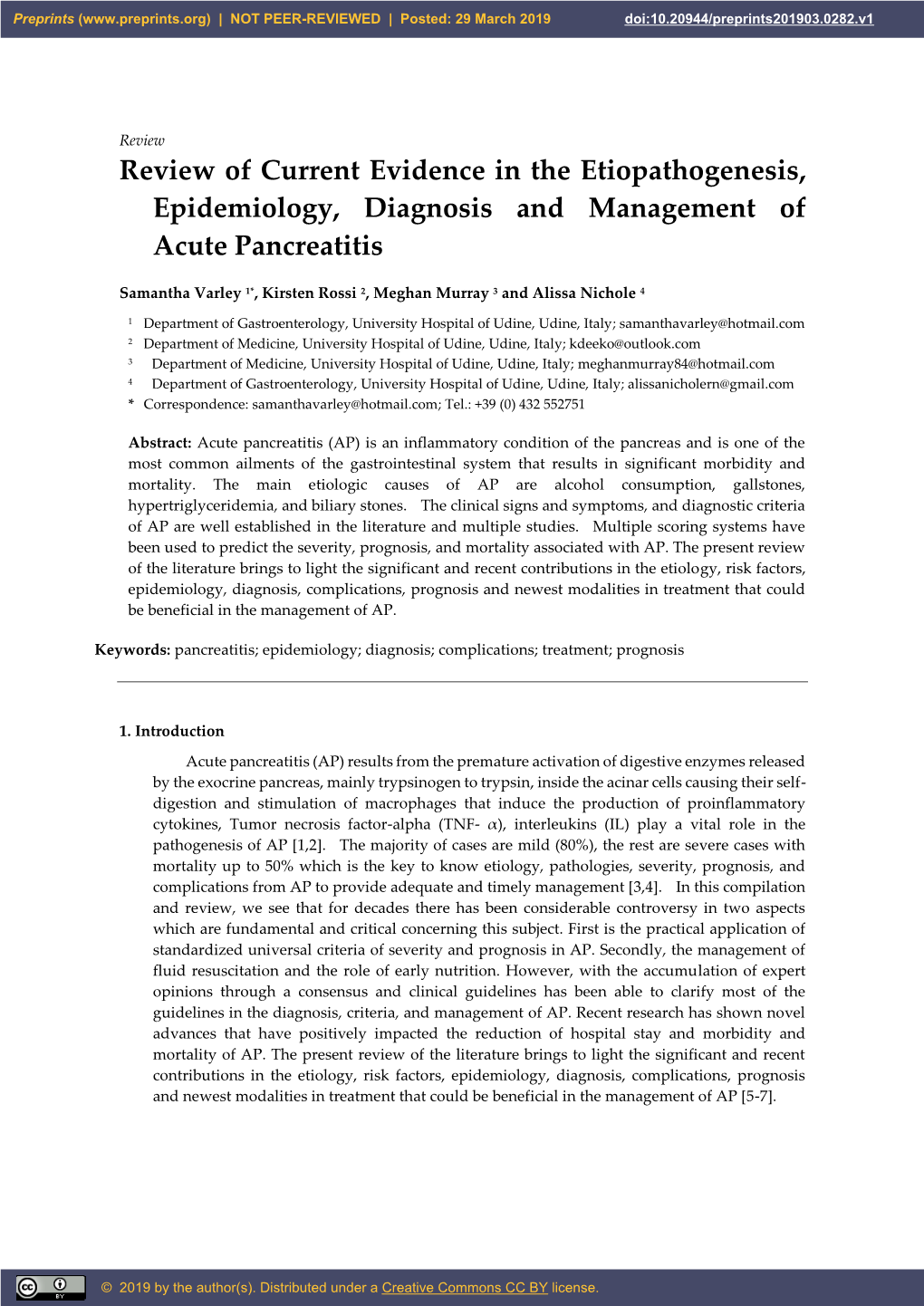 Review of Current Evidence in the Etiopathogenesis, Epidemiology, Diagnosis and Management of Acute Pancreatitis