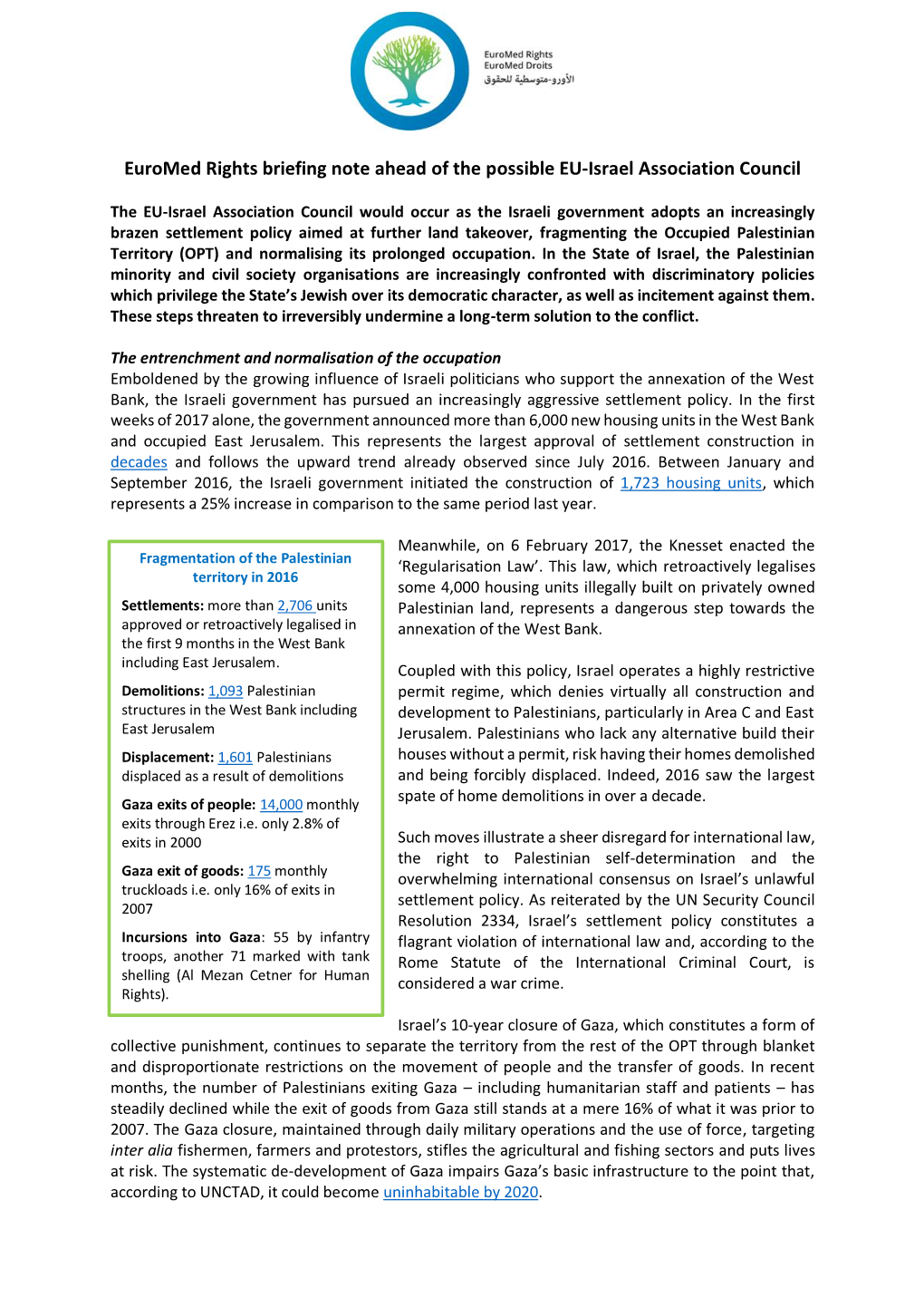 Euromed Rights Briefing Note Ahead of the Possible EU-Israel Association Council