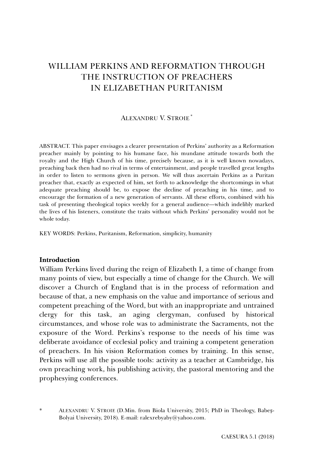 William Perkins and Reformation Through the Instruction of Preachers in Elizabethan Puritanism