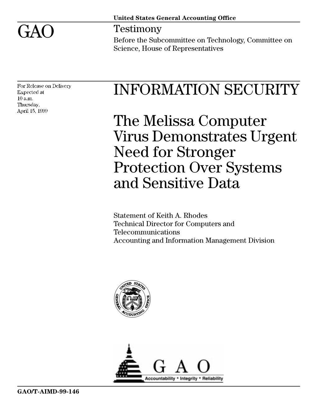 T-AIMD-99-146 Information Security: the Melissa Computer Virus