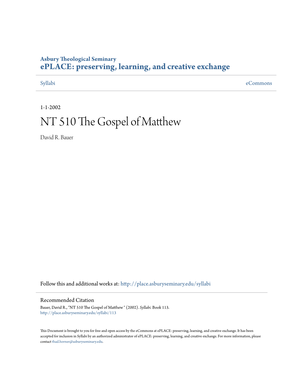 NT 510 the Gospel of Matthew David R