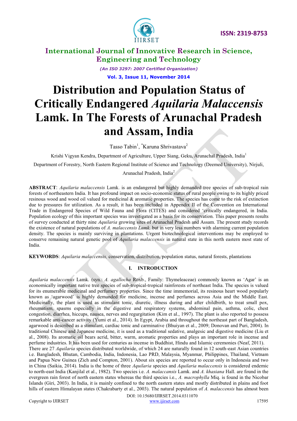 Distribution and Population Status of Critically Endangered Aquilaria Malaccensis Lamk