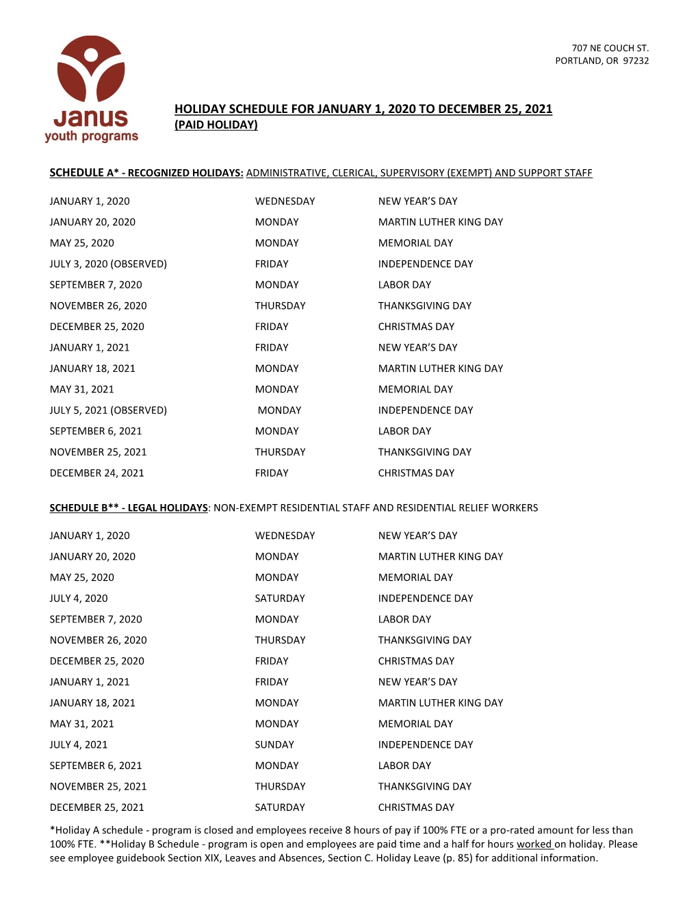 Holiday Schedule for January 1, 2020 to December 25, 2021 (Paid Holiday)