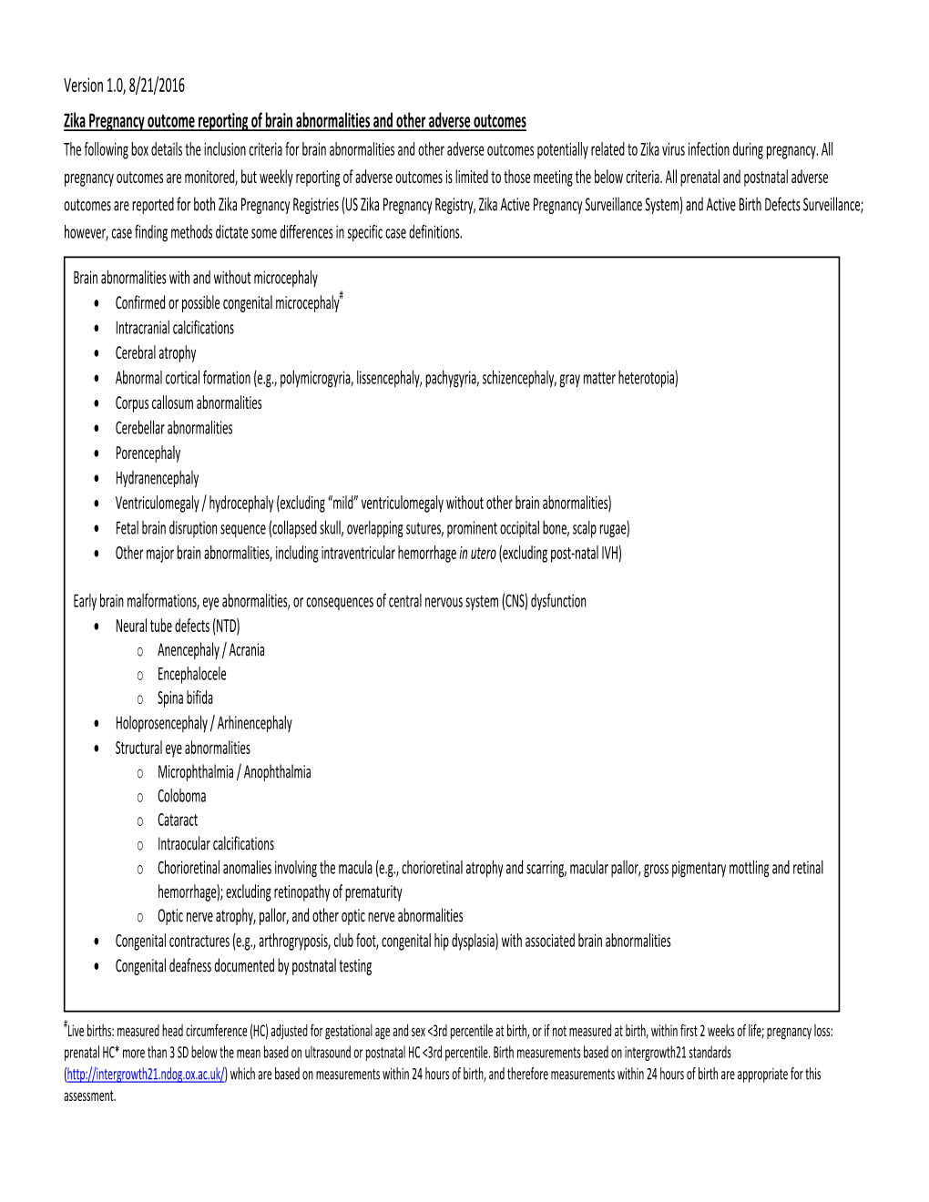 Version 1.0, 8/21/2016 Zika Pregnancy Outcome Reporting Of