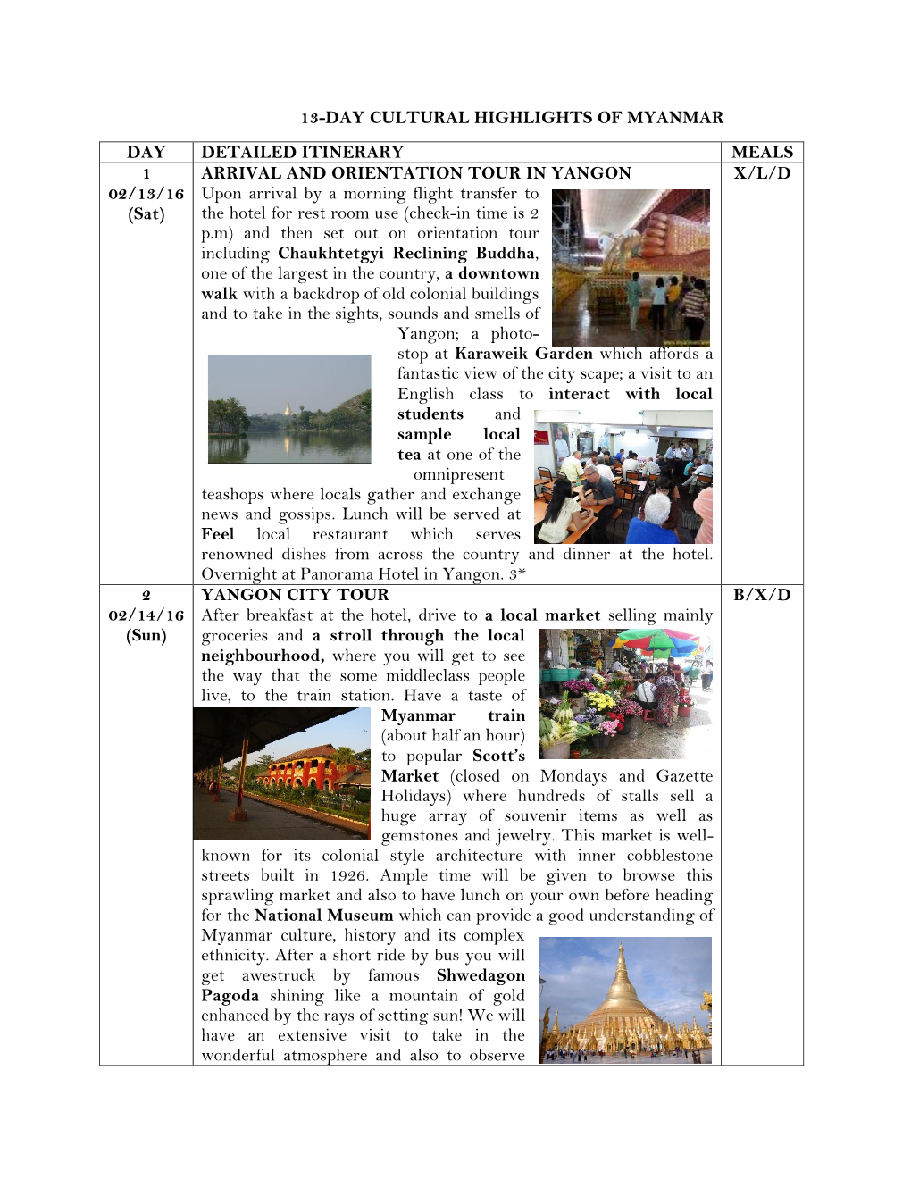 13-Day Cultural Highlights of Myanmar Day Detailed